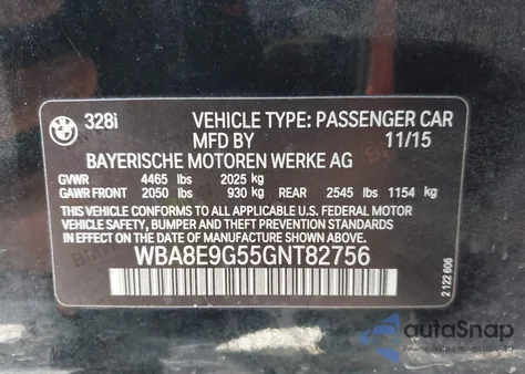 2016 BMW 328I from USA, damaged, VIN WBA8E9G55GNT82756